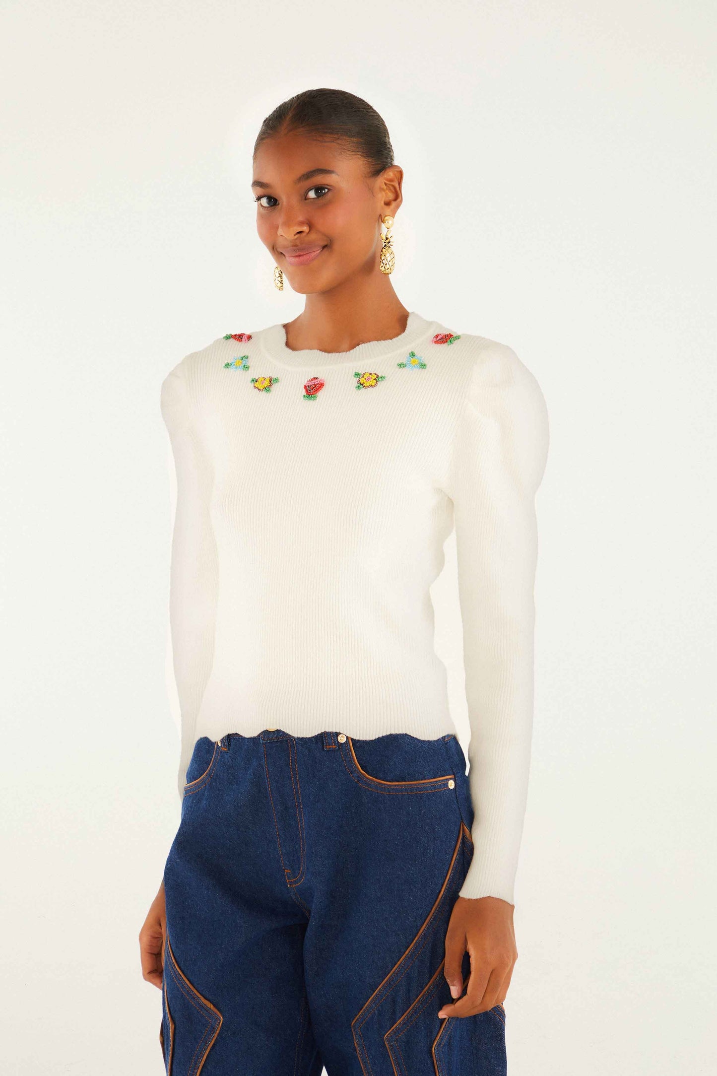 Farm Rio Off-White Flower Embroidery Knit Top
