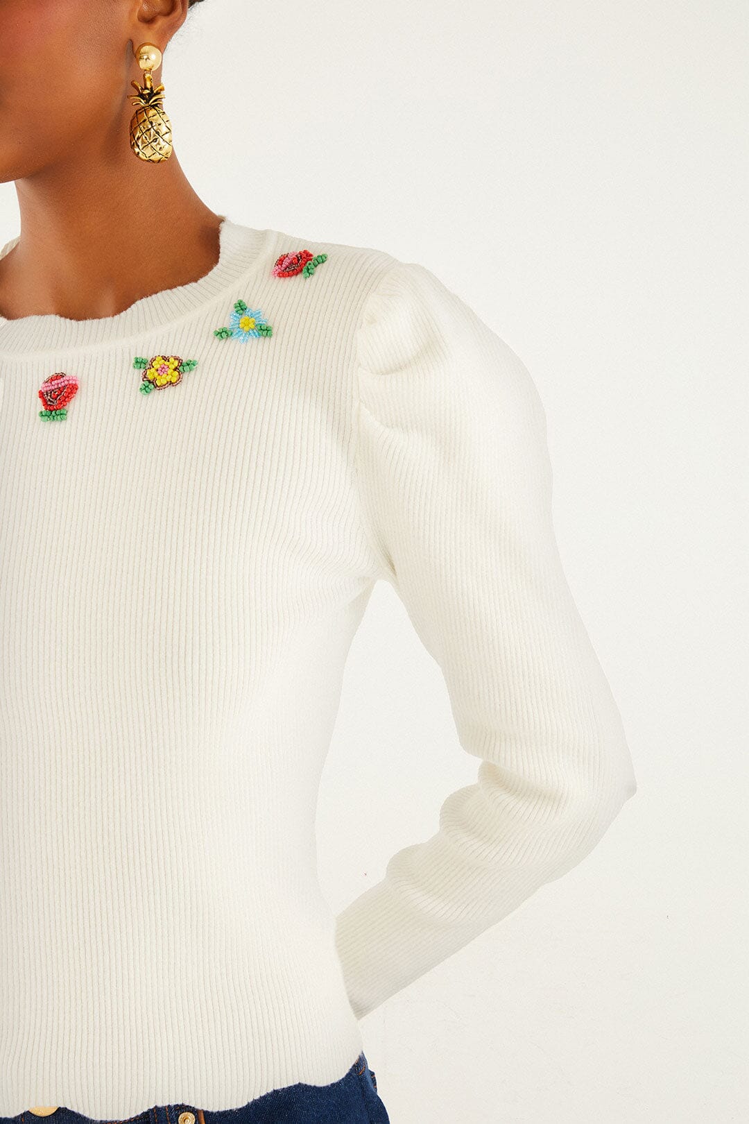 Farm Rio Off-White Flower Embroidery Knit Top