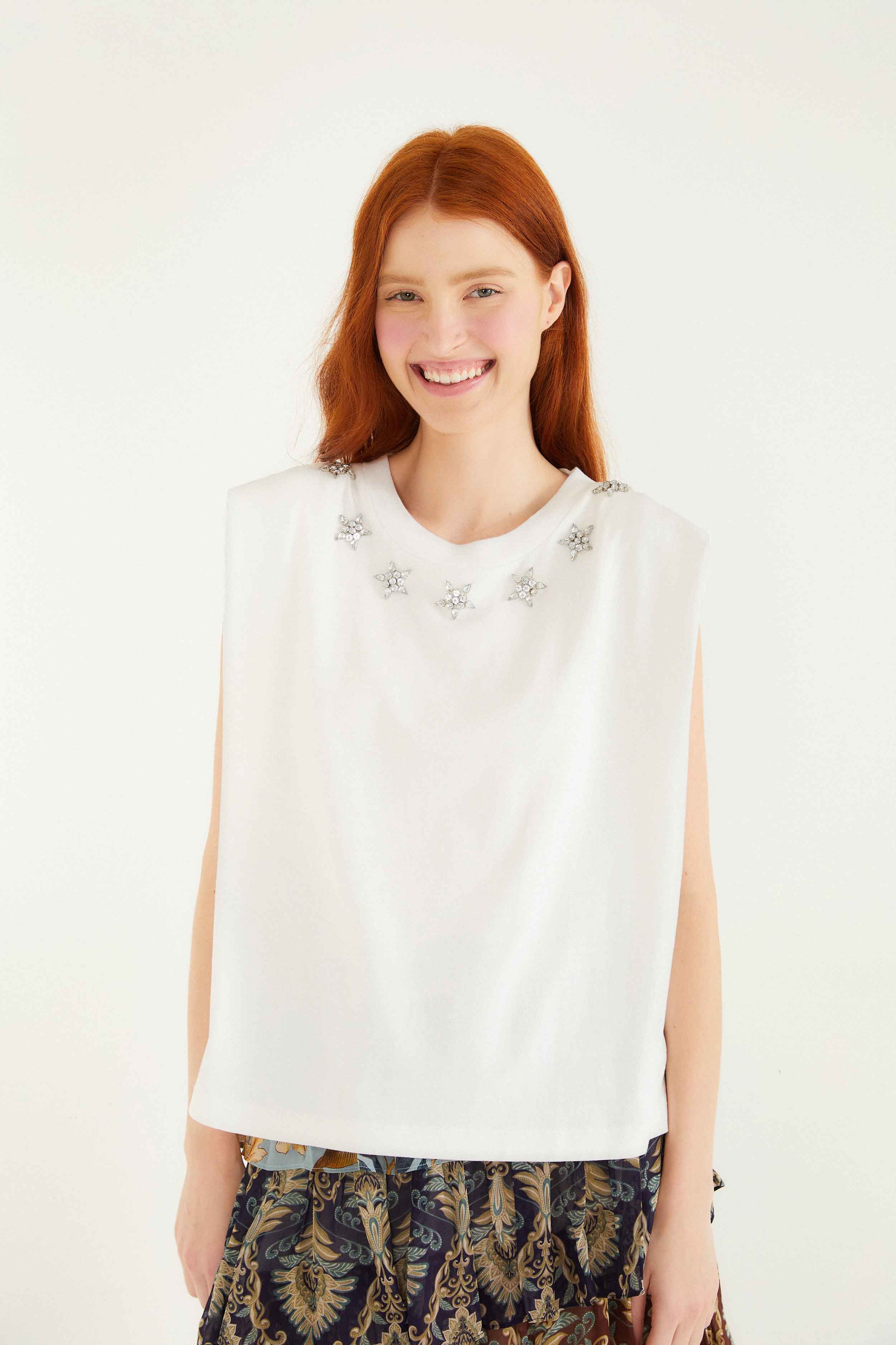 Farm Rio Off-White Sparkling Embroidered Padded Shoulder T-Shirt