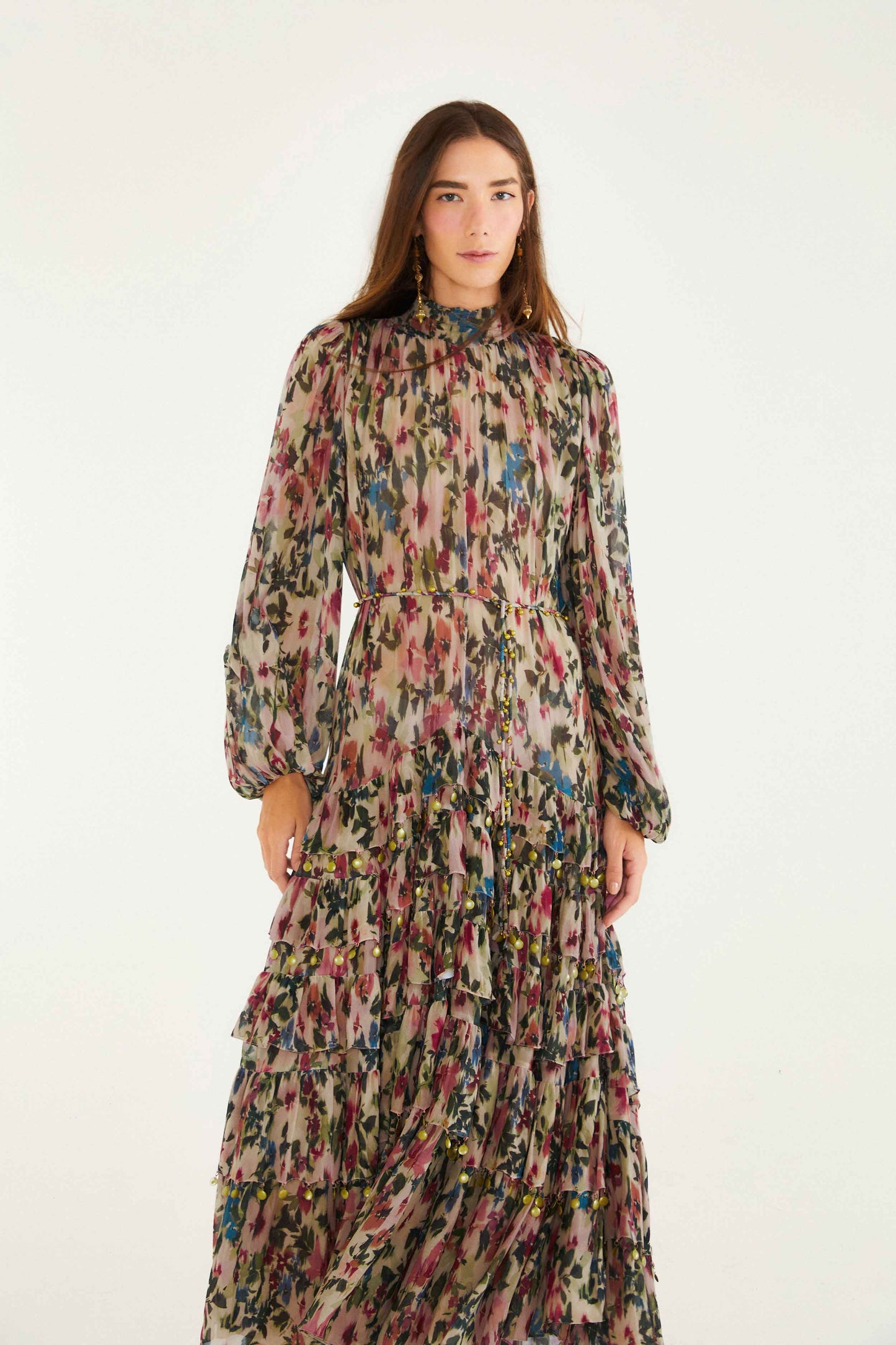 Farm Rio Pink Blurred Tiny Flowers Long Sleeve Maxi Dress