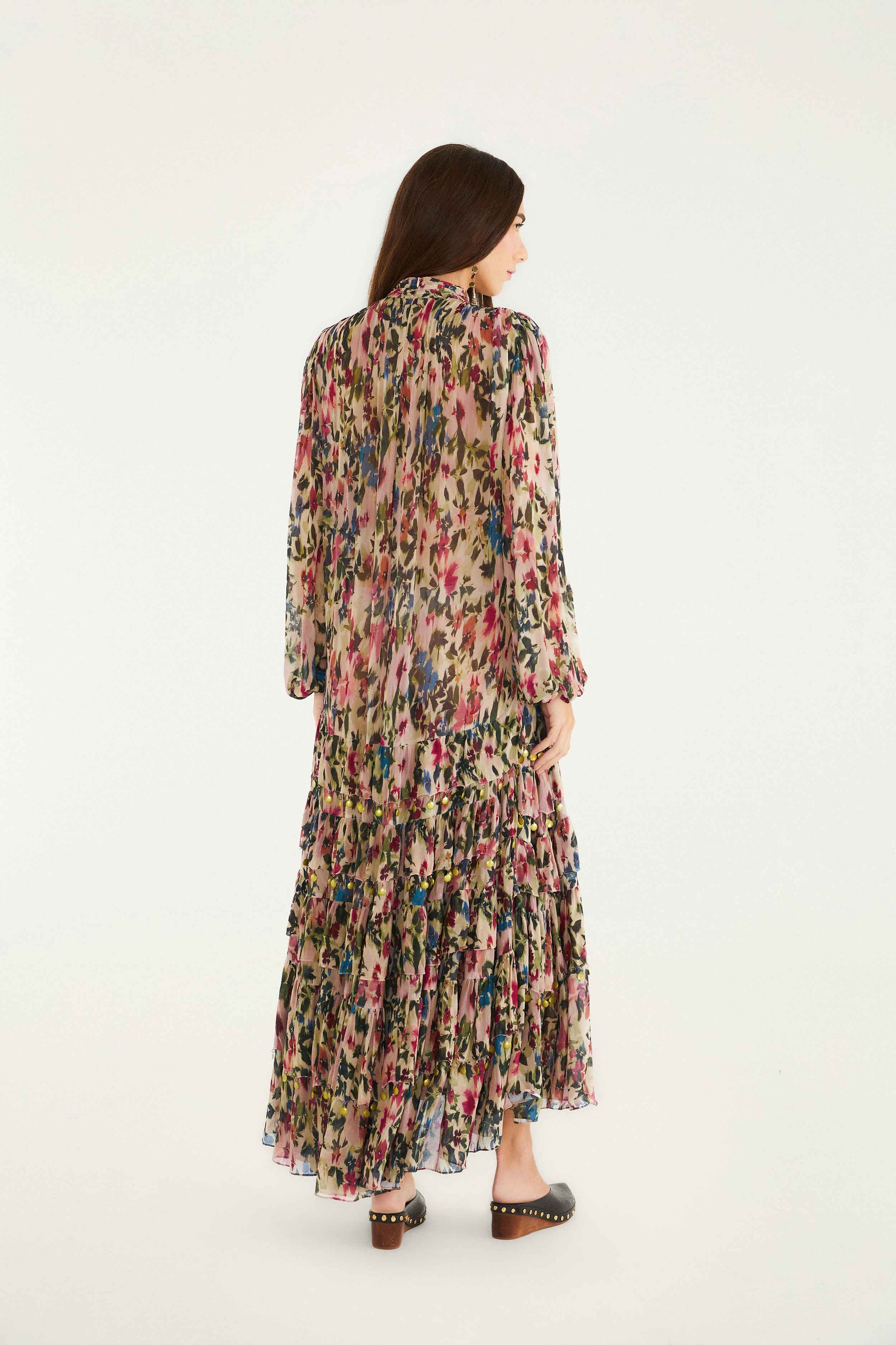 Farm Rio Pink Blurred Tiny Flowers Long Sleeve Maxi Dress