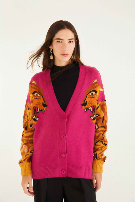 Farm Rio Pink Bold Tiger Buttoned Knit Cardigan