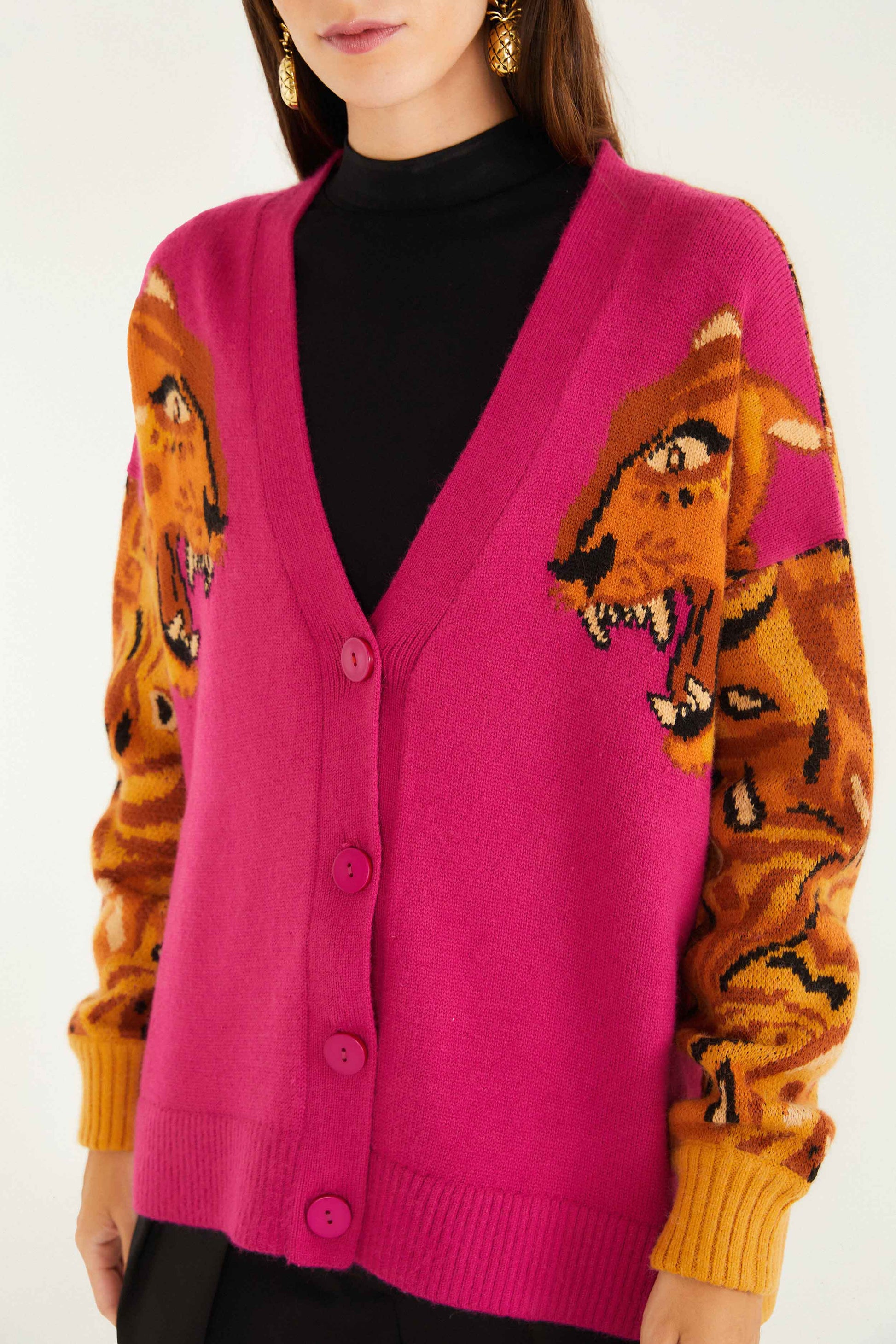 Farm Rio Pink Bold Tiger Buttoned Knit Cardigan