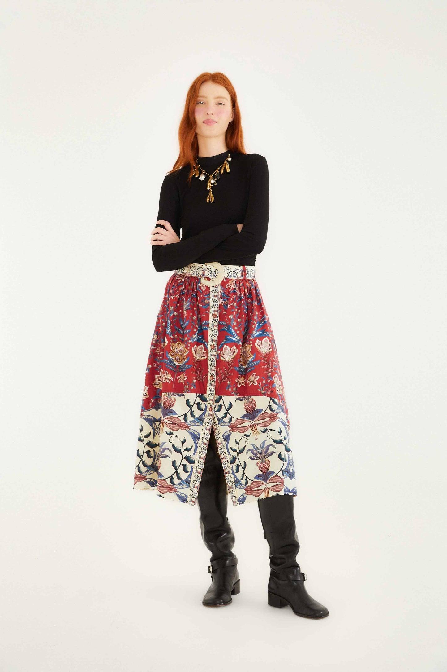 Farm Rio Red Winter Breeze Buttoned Belted Organic Cotton Midi Skirt