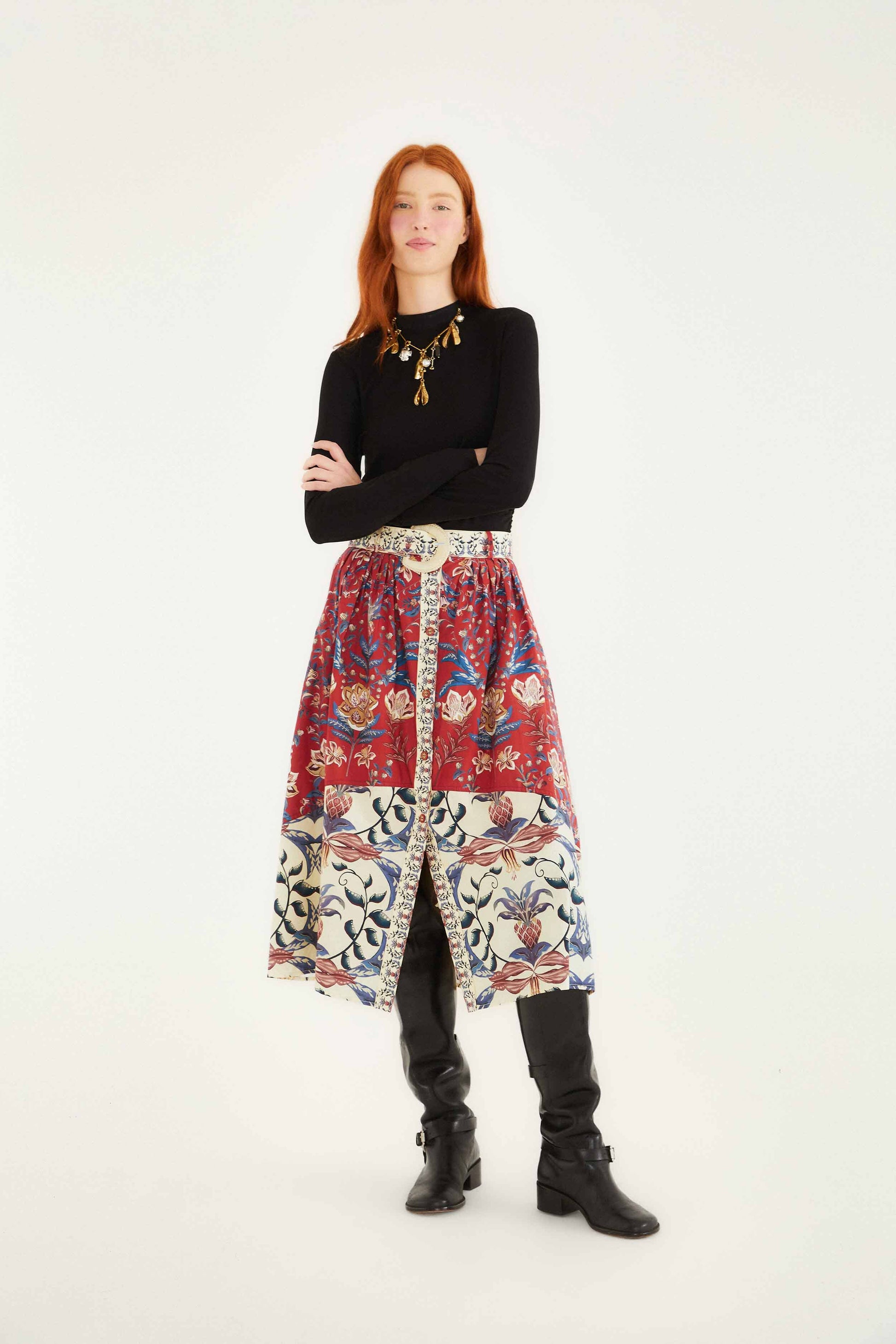 Farm Rio Red Winter Breeze Buttoned Belted Organic Cotton Midi Skirt