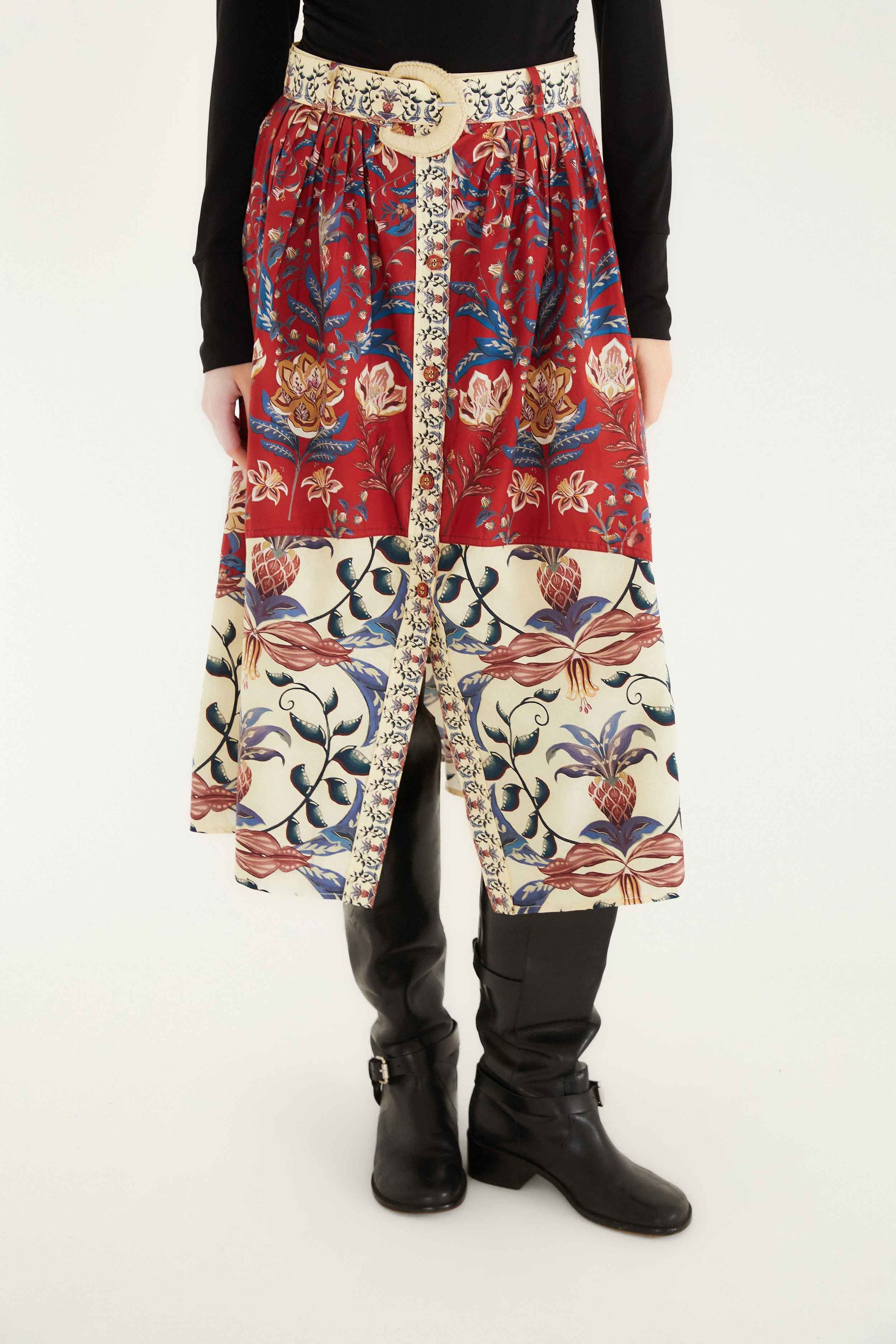 Farm Rio Red Winter Breeze Buttoned Belted Organic Cotton Midi Skirt
