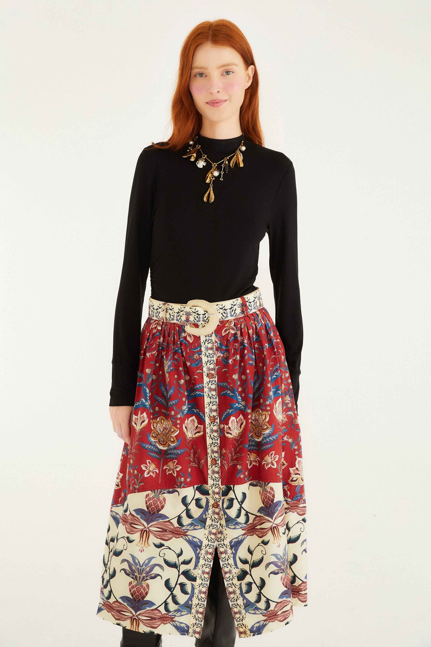Farm Rio Red Winter Breeze Buttoned Belted Organic Cotton Midi Skirt