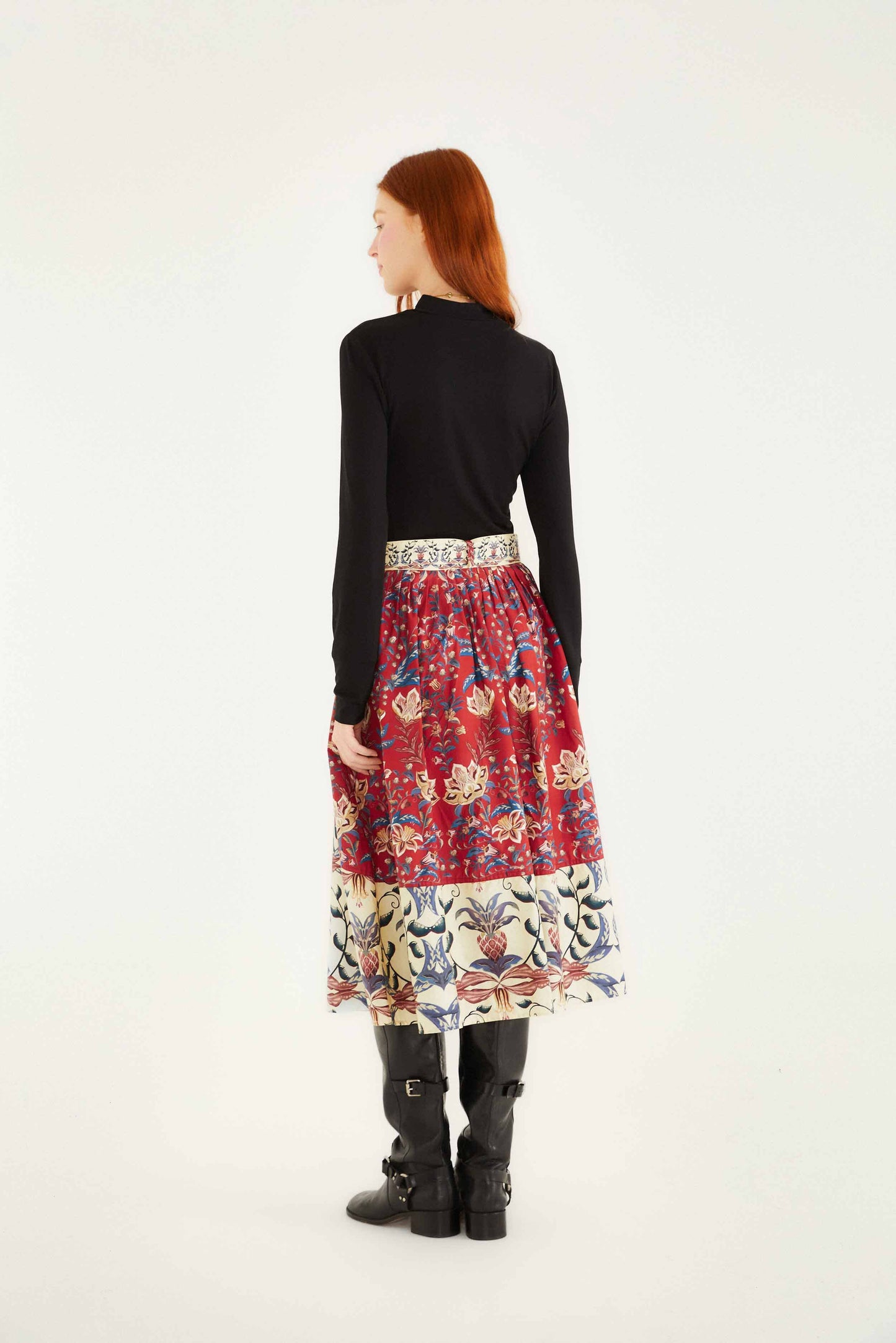 Farm Rio Red Winter Breeze Buttoned Belted Organic Cotton Midi Skirt