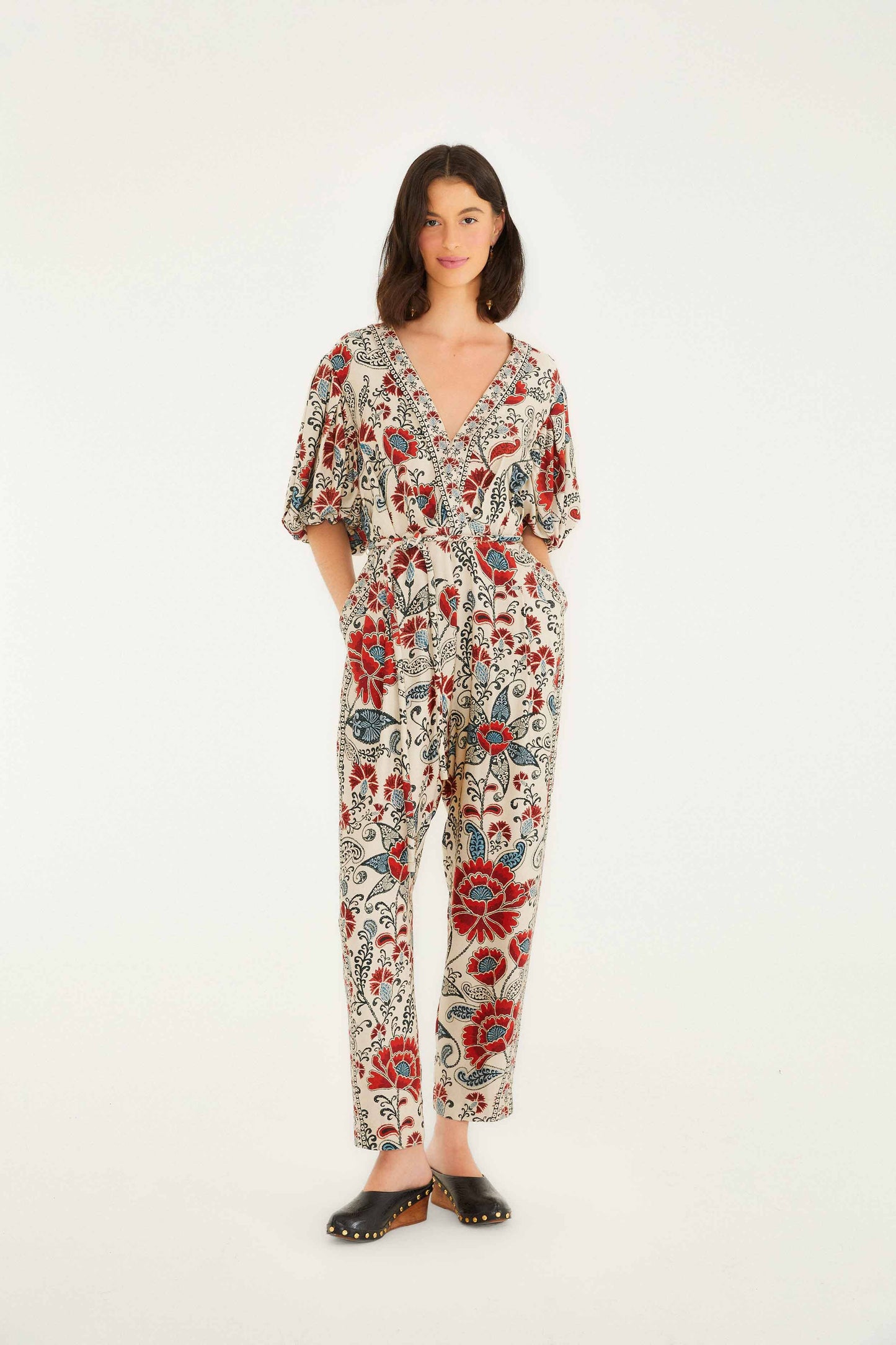 Farm Rio Sand Francesca V Neckline Short Sleeve Jumpsuit