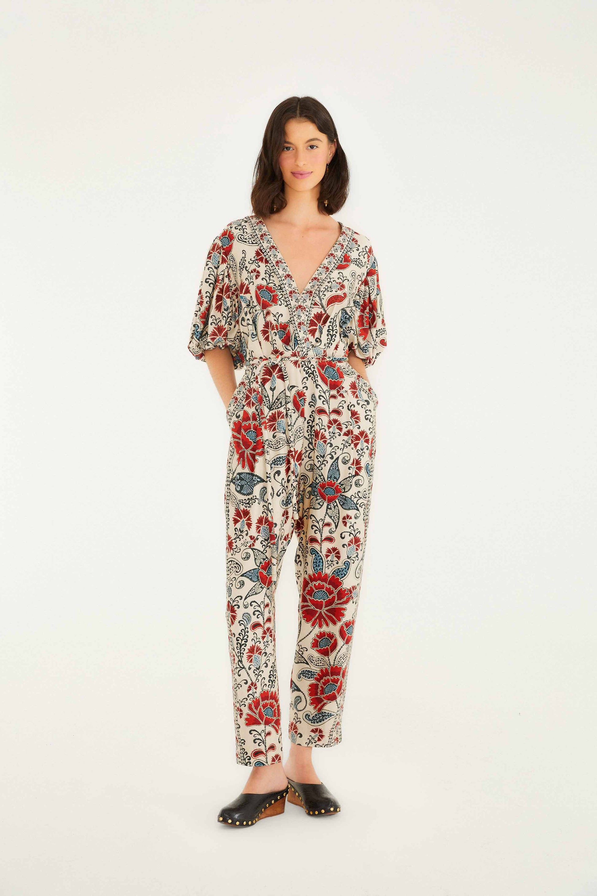 Farm Rio Sand Francesca V Neckline Short Sleeve Jumpsuit