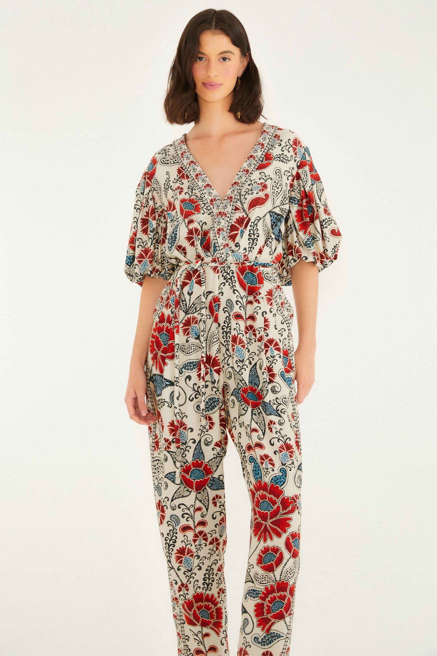 Farm Rio Sand Francesca V Neckline Short Sleeve Jumpsuit