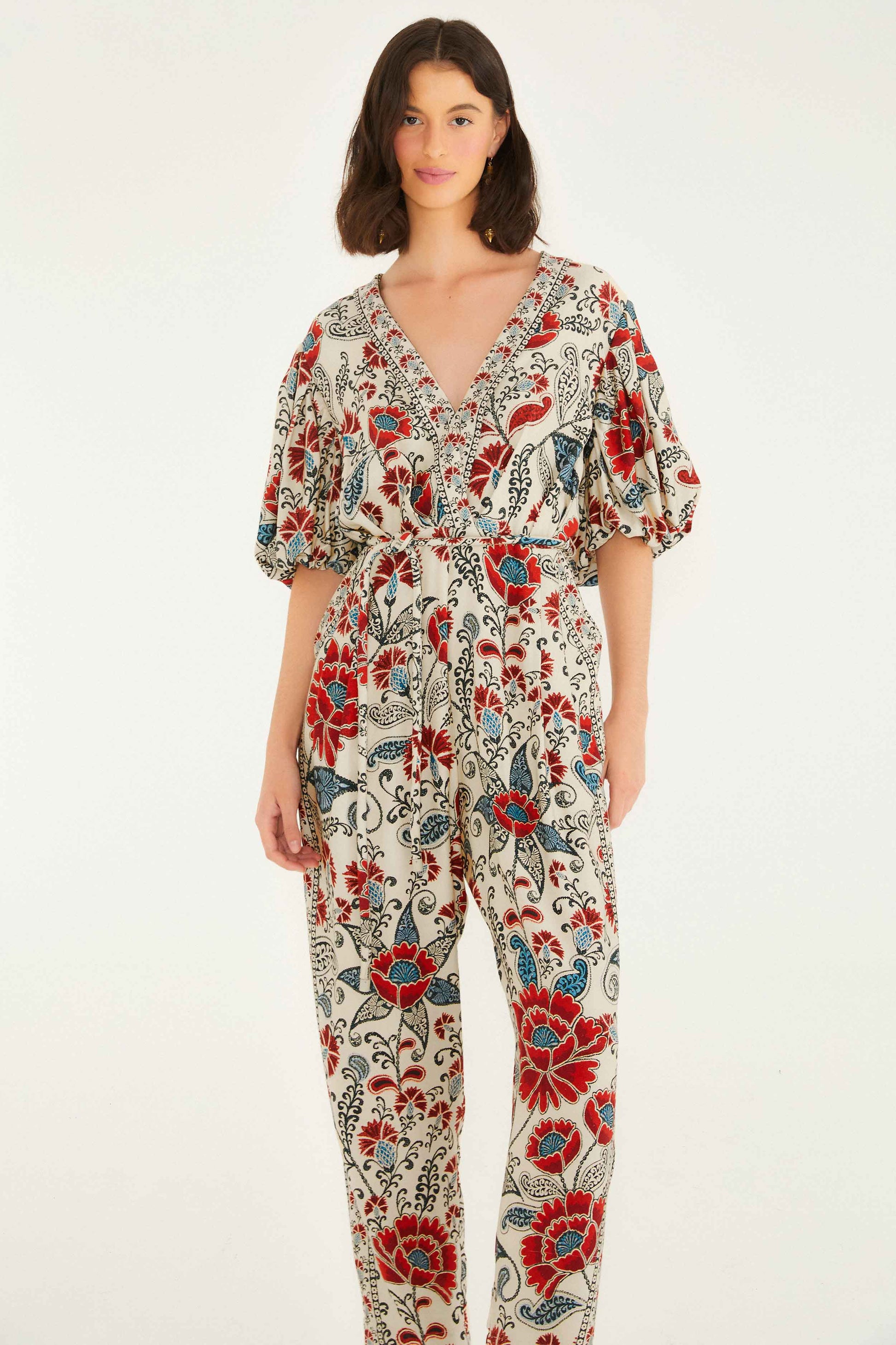 Farm Rio Sand Francesca V Neckline Short Sleeve Jumpsuit