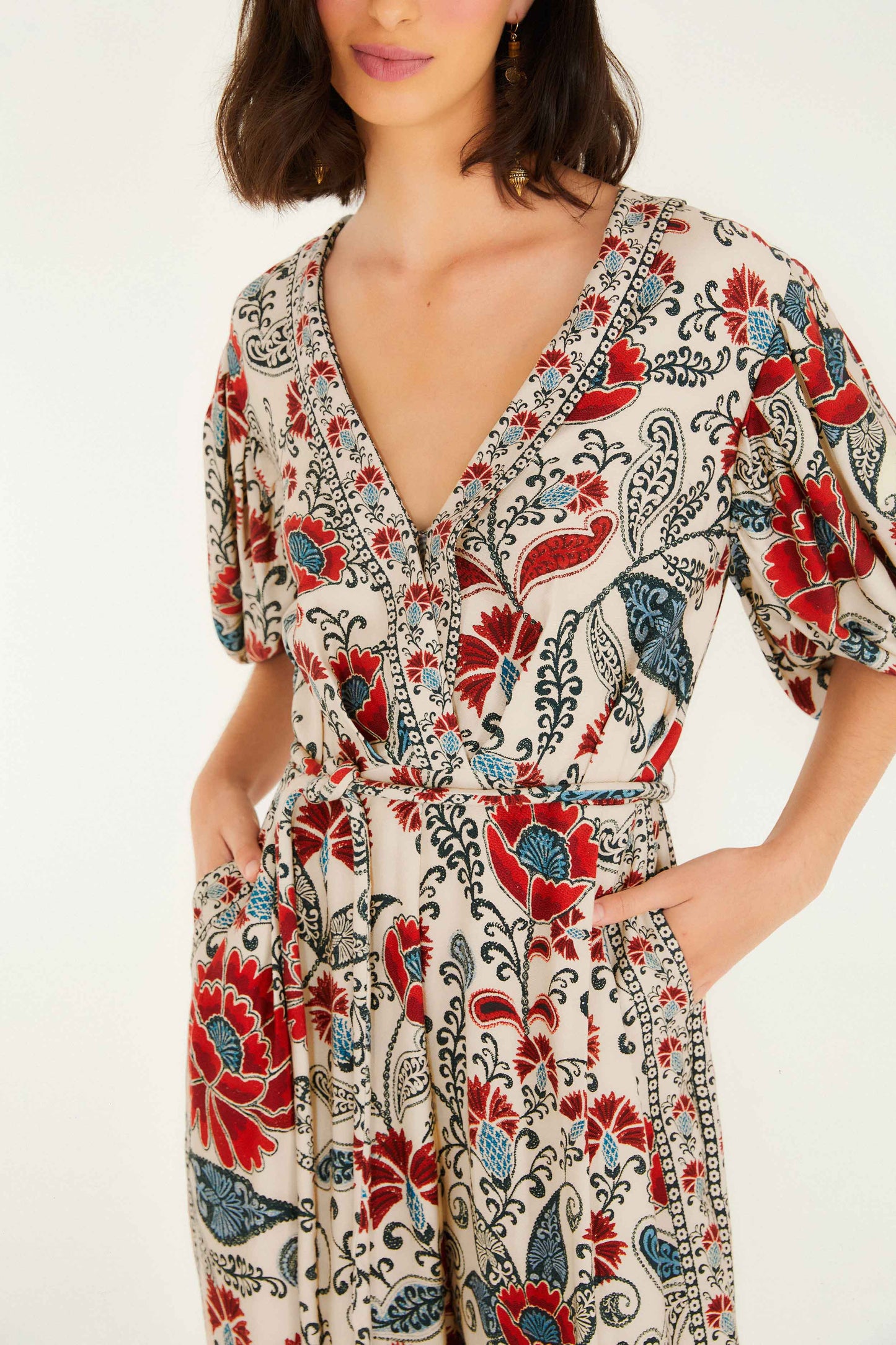 Farm Rio Sand Francesca V Neckline Short Sleeve Jumpsuit