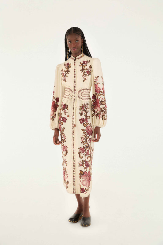 Farm Rio Sand Renata Floral Long Sleeve Midi Dress